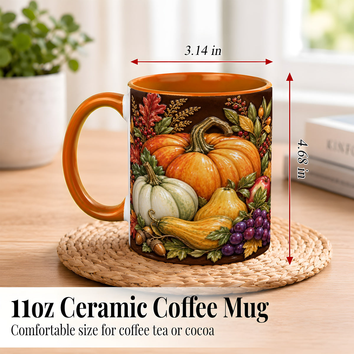 #pl[11oz|Orange] Glossy Fall Harvest Coffee Mug, Pumpkin Foliage Mug, Ceramic Cup