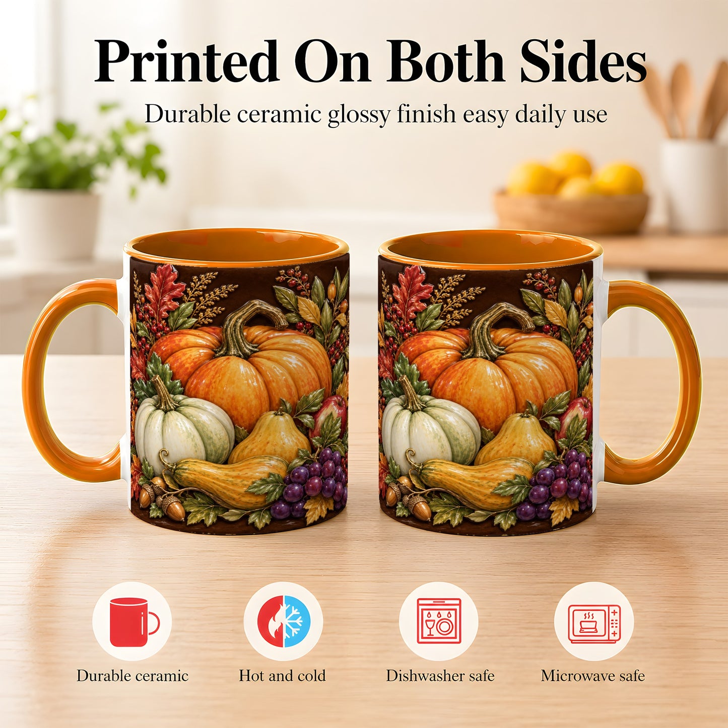 #pl[11oz|Orange] Glossy Fall Harvest Coffee Mug, Pumpkin Foliage Mug, Ceramic Cup