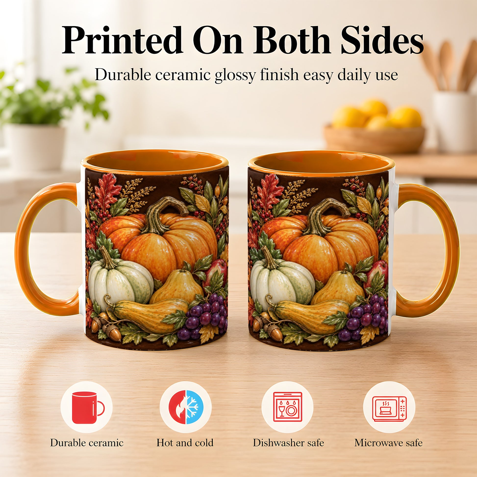 #pl[11oz|Orange] Glossy Fall Harvest Coffee Mug, Pumpkin Foliage Mug, Ceramic Cup