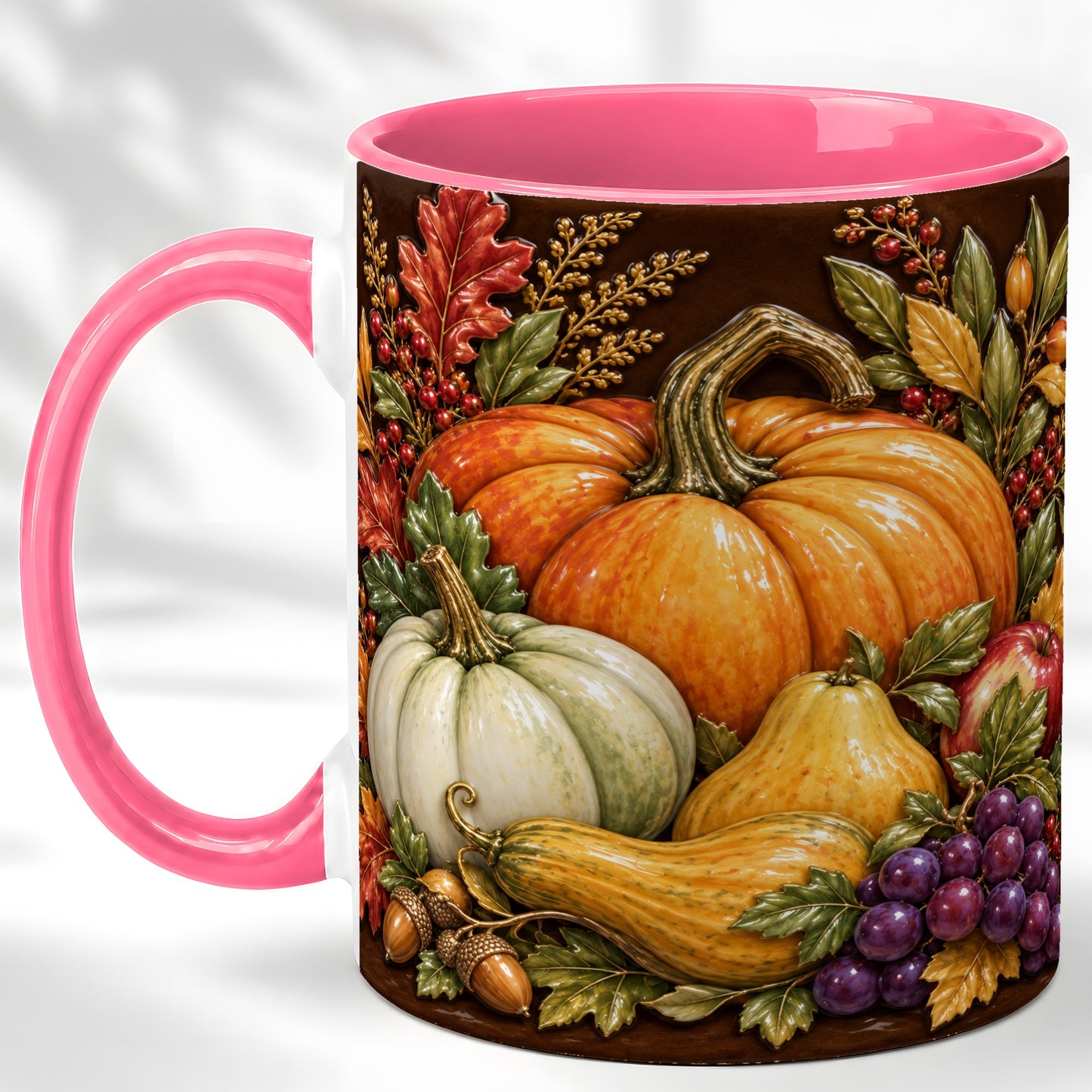 #pl[11oz|Pink] Glossy Fall Harvest Coffee Mug, Pumpkin Foliage Mug, Ceramic Cup