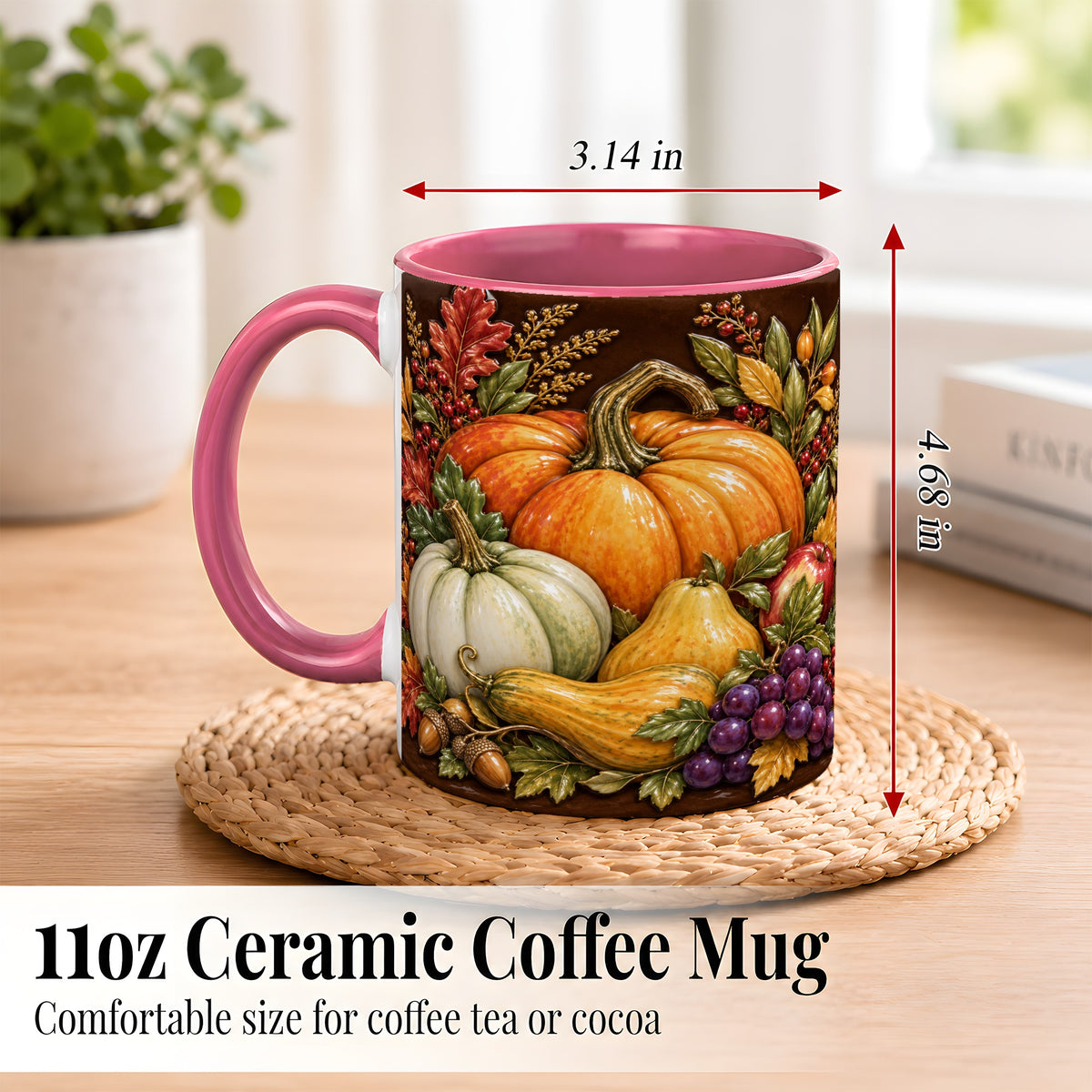 #pl[11oz|Pink] Glossy Fall Harvest Coffee Mug, Pumpkin Foliage Mug, Ceramic Cup