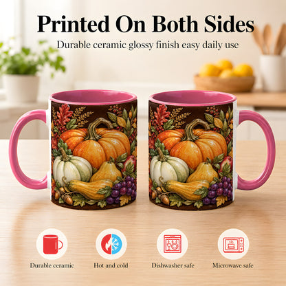 #pl[11oz|Pink] Glossy Fall Harvest Coffee Mug, Pumpkin Foliage Mug, Ceramic Cup