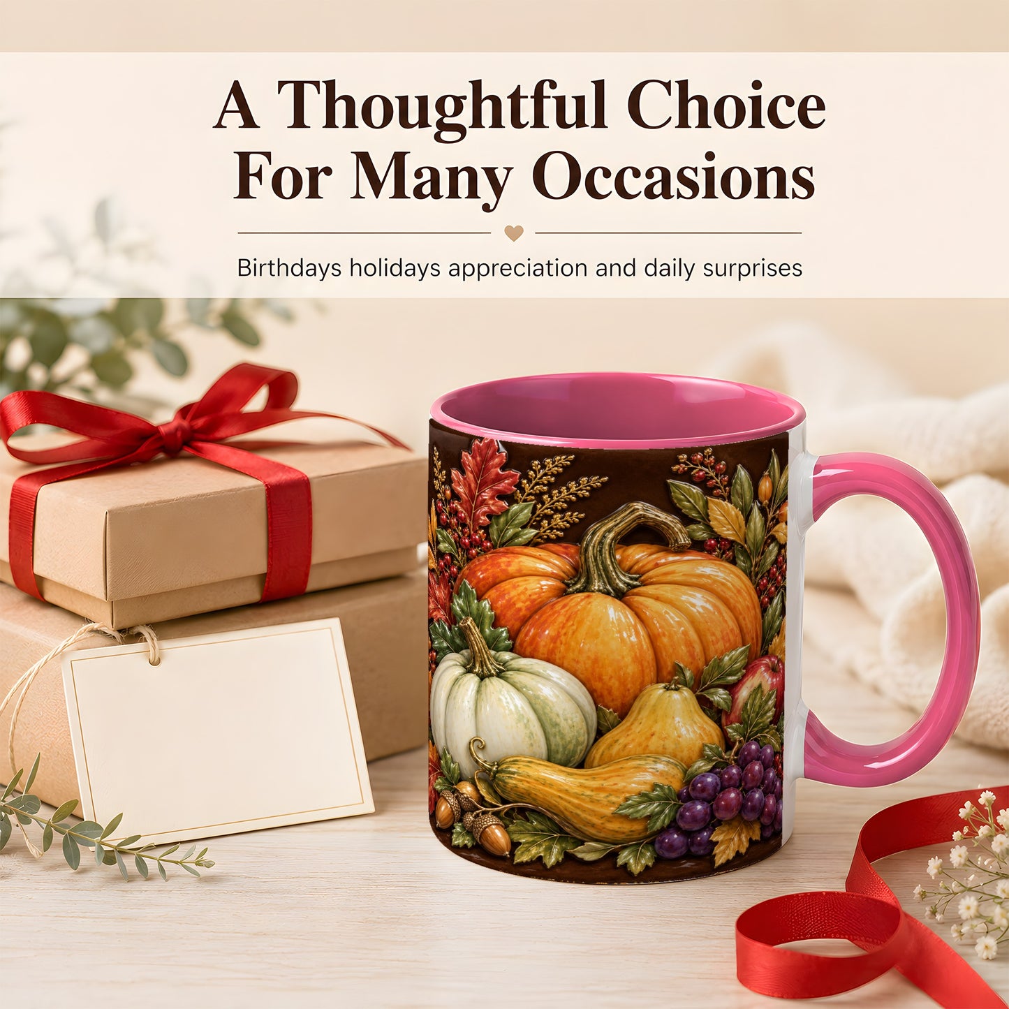 #pl[11oz|Pink] Glossy Fall Harvest Coffee Mug, Pumpkin Foliage Mug, Ceramic Cup