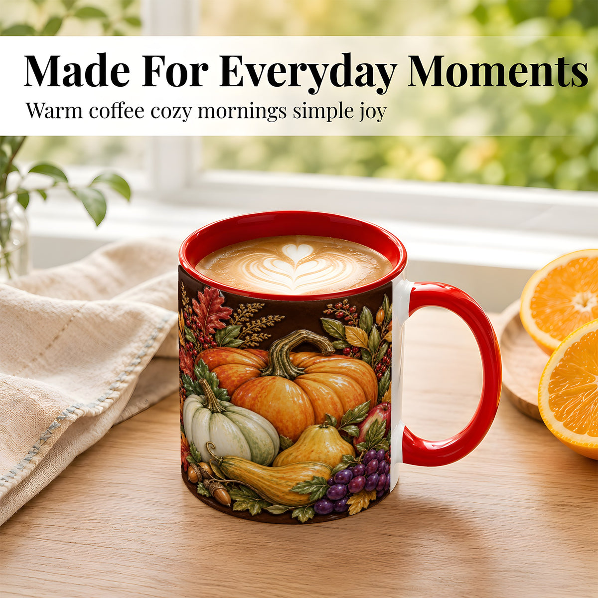 #pl[11oz|Red] Glossy Fall Harvest Coffee Mug, Pumpkin Foliage Mug, Ceramic Cup