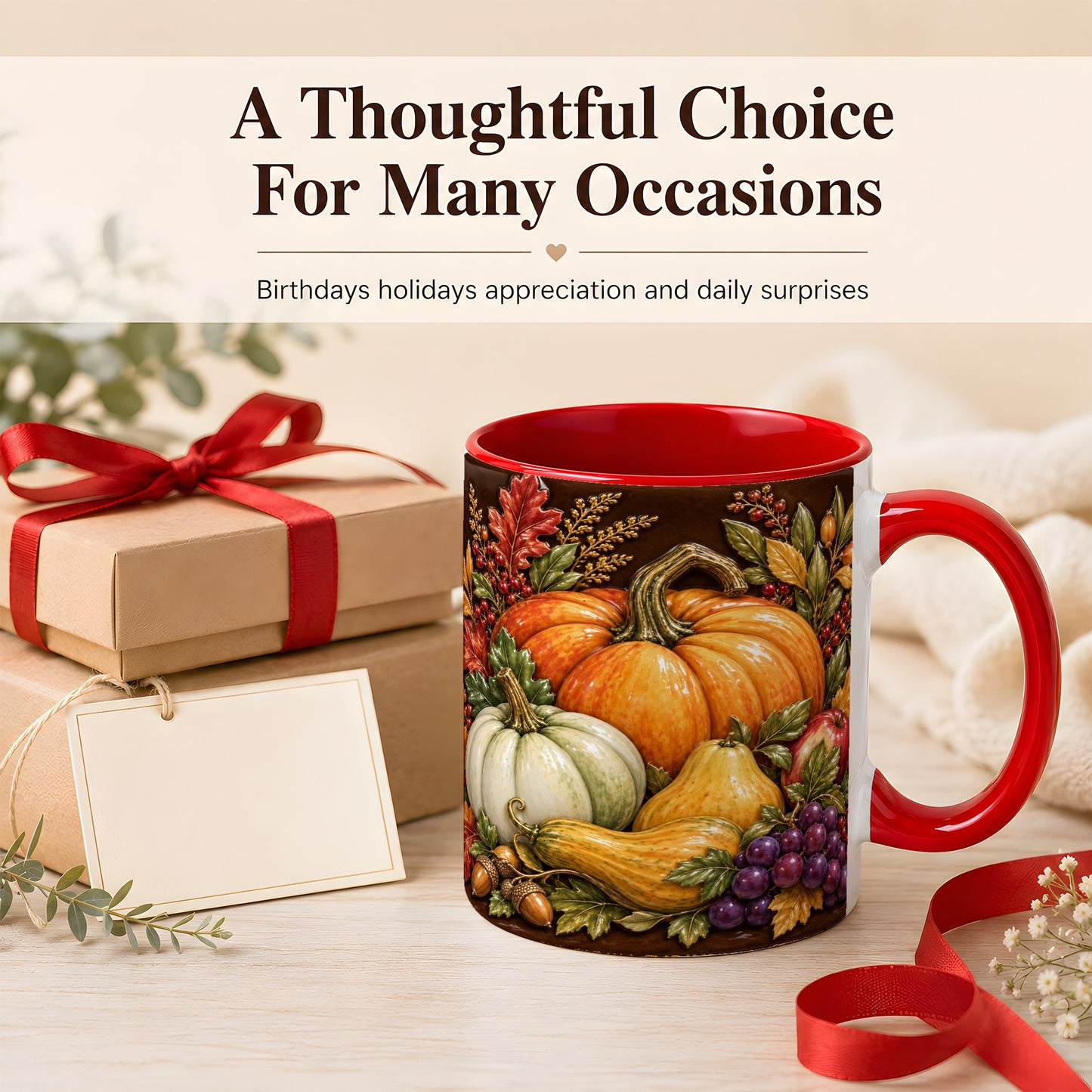 #pl[11oz|Red] Glossy Fall Harvest Coffee Mug, Pumpkin Foliage Mug, Ceramic Cup