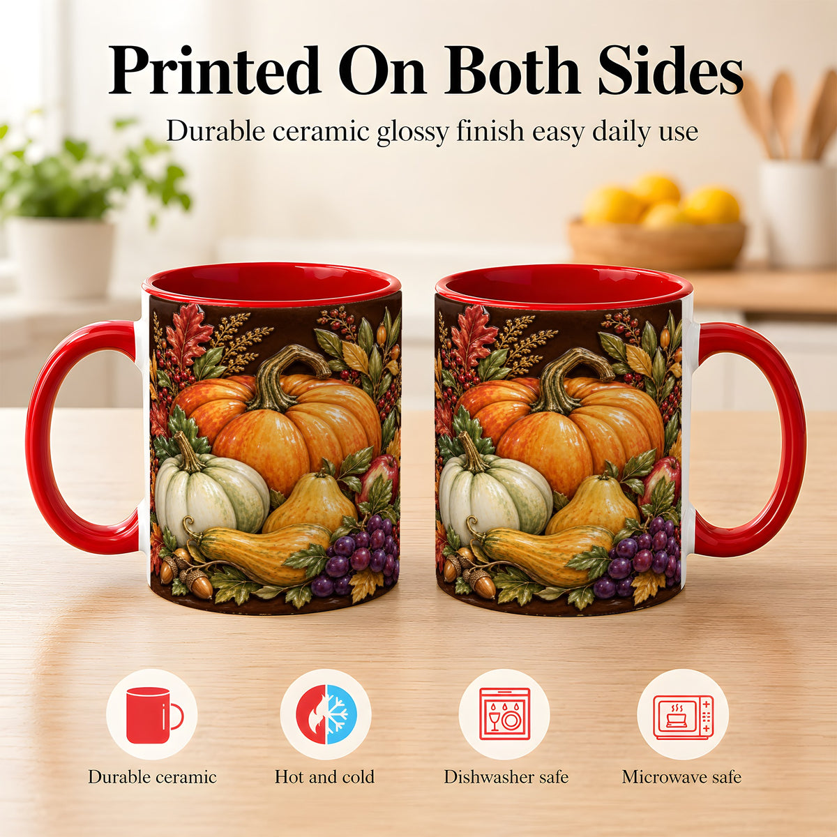 #pl[11oz|Red] Glossy Fall Harvest Coffee Mug, Pumpkin Foliage Mug, Ceramic Cup