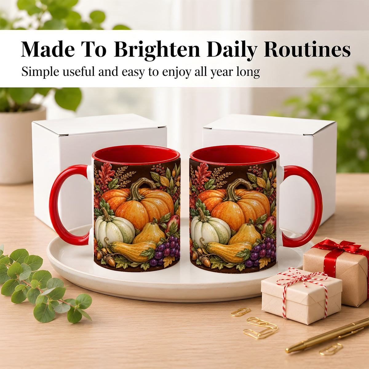 #pl[11oz|Red] Glossy Fall Harvest Coffee Mug, Pumpkin Foliage Mug, Ceramic Cup