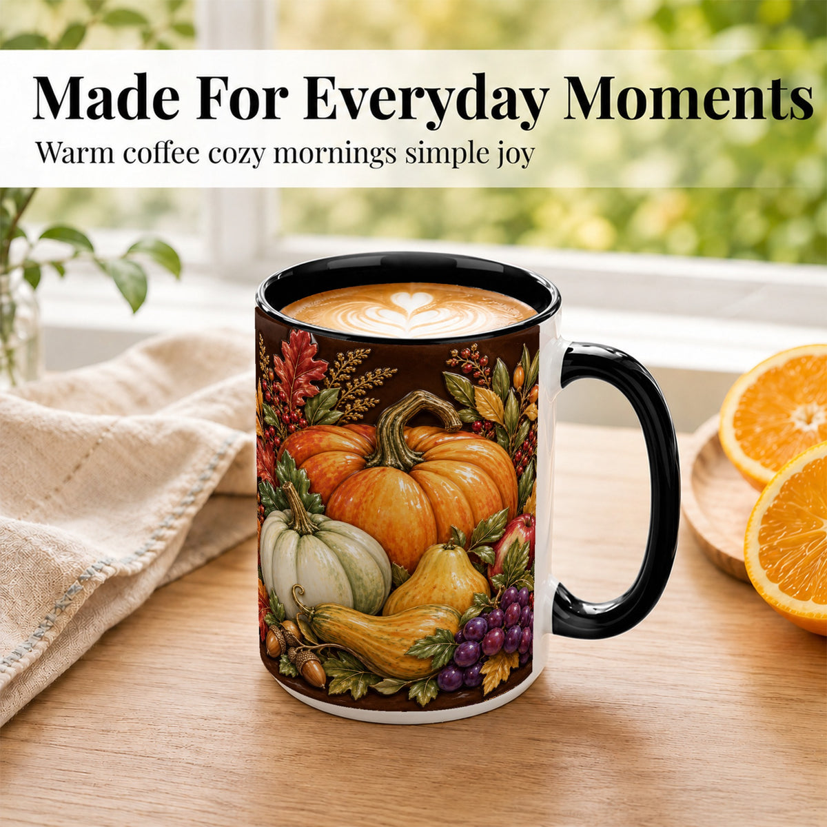#pl[15oz|Black] Glossy Fall Harvest Coffee Mug, Pumpkin Foliage Mug, Ceramic Cup