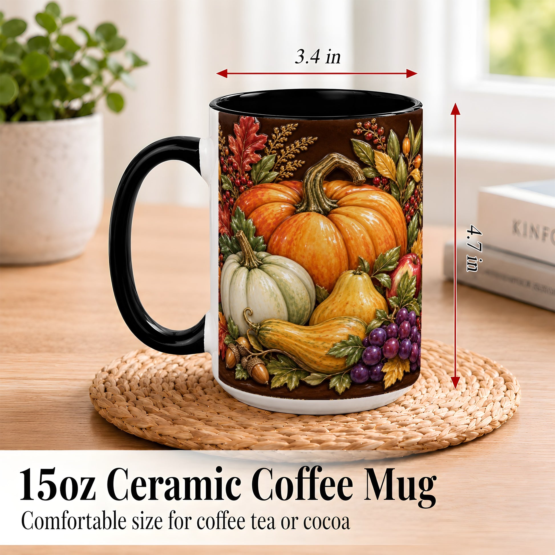#pl[15oz|Black] Glossy Fall Harvest Coffee Mug, Pumpkin Foliage Mug, Ceramic Cup