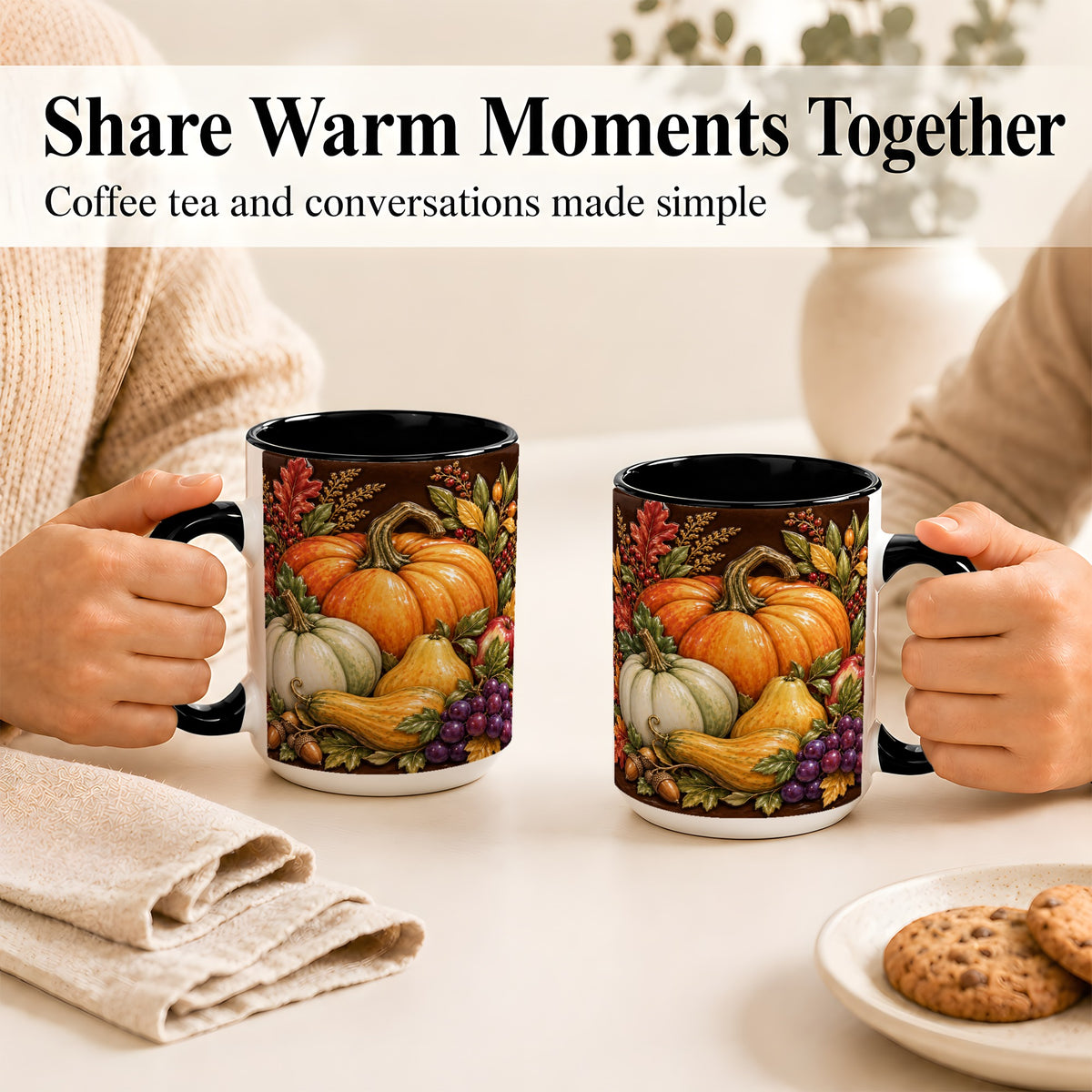 #pl[15oz|Black] Glossy Fall Harvest Coffee Mug, Pumpkin Foliage Mug, Ceramic Cup