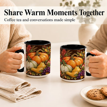 #pl[15oz|Black] Glossy Fall Harvest Coffee Mug, Pumpkin Foliage Mug, Ceramic Cup