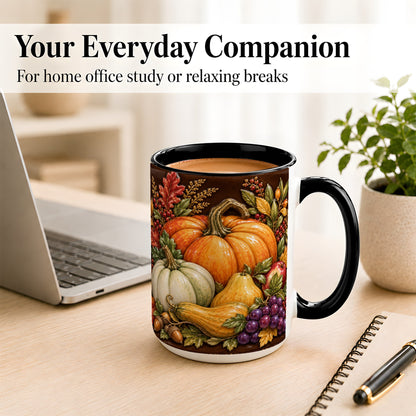 #pl[15oz|Black] Glossy Fall Harvest Coffee Mug, Pumpkin Foliage Mug, Ceramic Cup