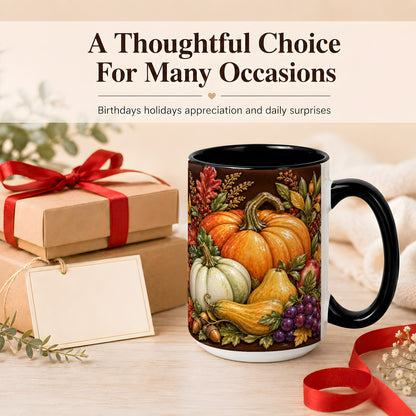#pl[15oz|Black] Glossy Fall Harvest Coffee Mug, Pumpkin Foliage Mug, Ceramic Cup