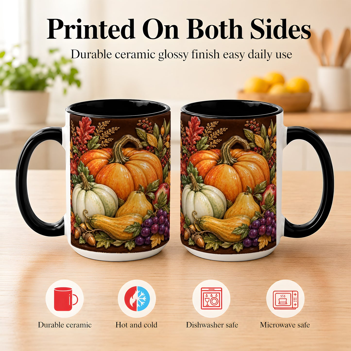 #pl[15oz|Black] Glossy Fall Harvest Coffee Mug, Pumpkin Foliage Mug, Ceramic Cup