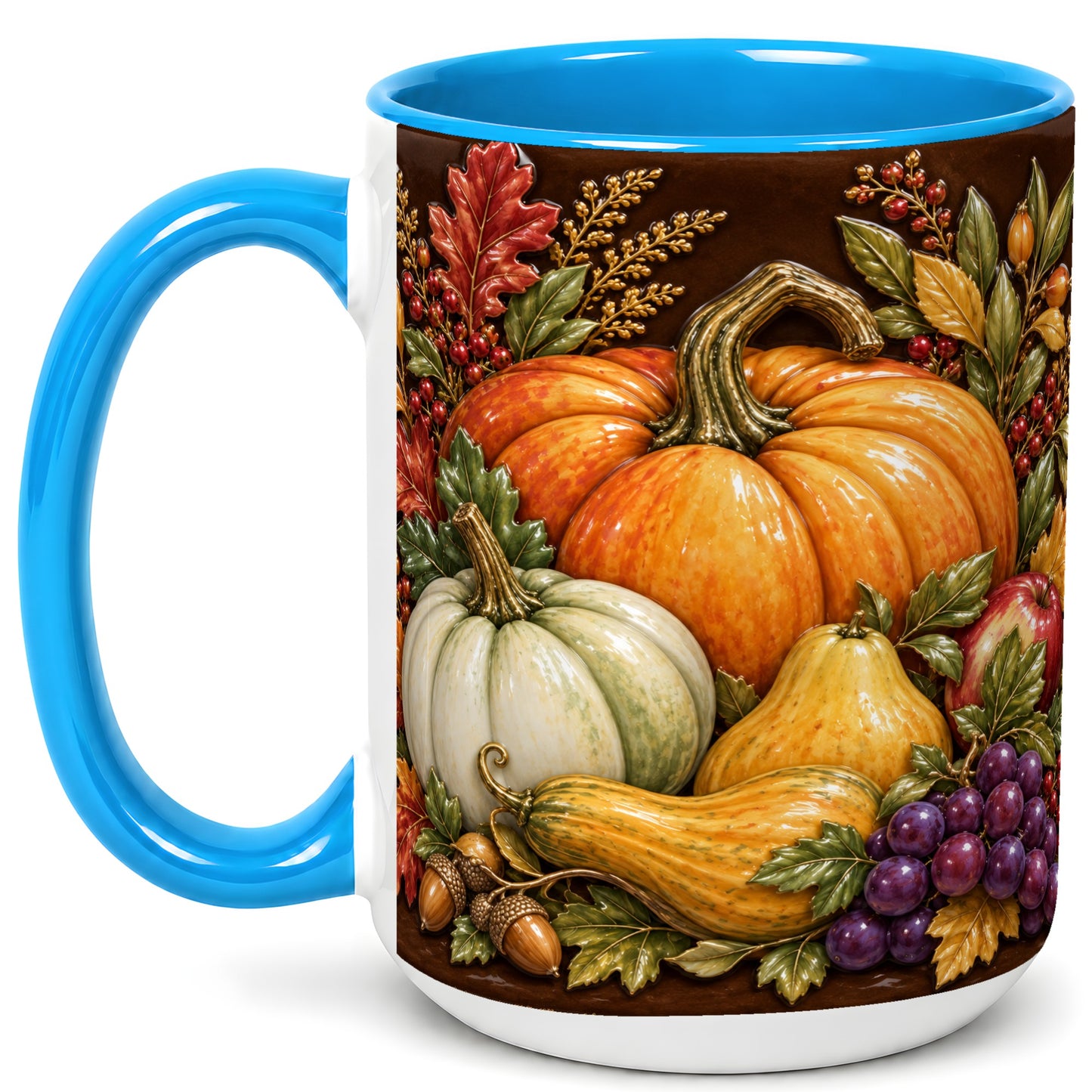 #pl[15oz|Blue] Glossy Fall Harvest Coffee Mug, Pumpkin Foliage Mug, Ceramic Cup