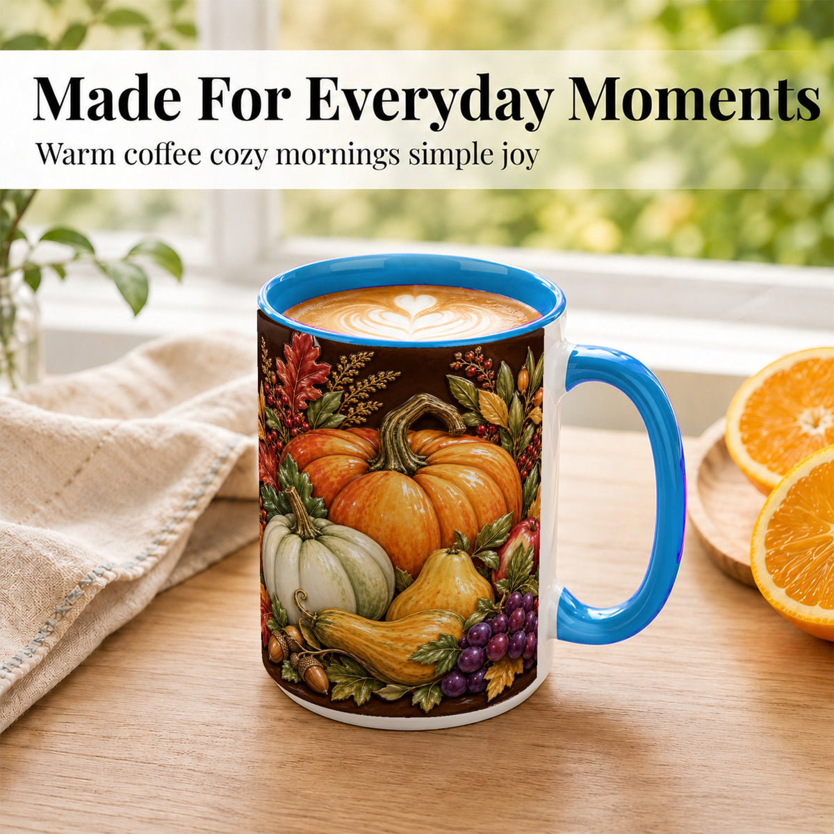 #pl[15oz|Blue] Glossy Fall Harvest Coffee Mug, Pumpkin Foliage Mug, Ceramic Cup