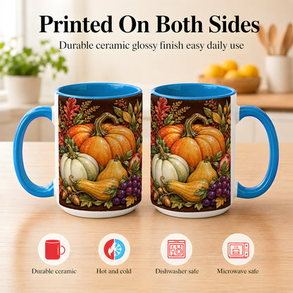 #pl[15oz|Blue] Glossy Fall Harvest Coffee Mug, Pumpkin Foliage Mug, Ceramic Cup