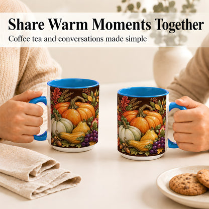 #pl[15oz|Blue] Glossy Fall Harvest Coffee Mug, Pumpkin Foliage Mug, Ceramic Cup