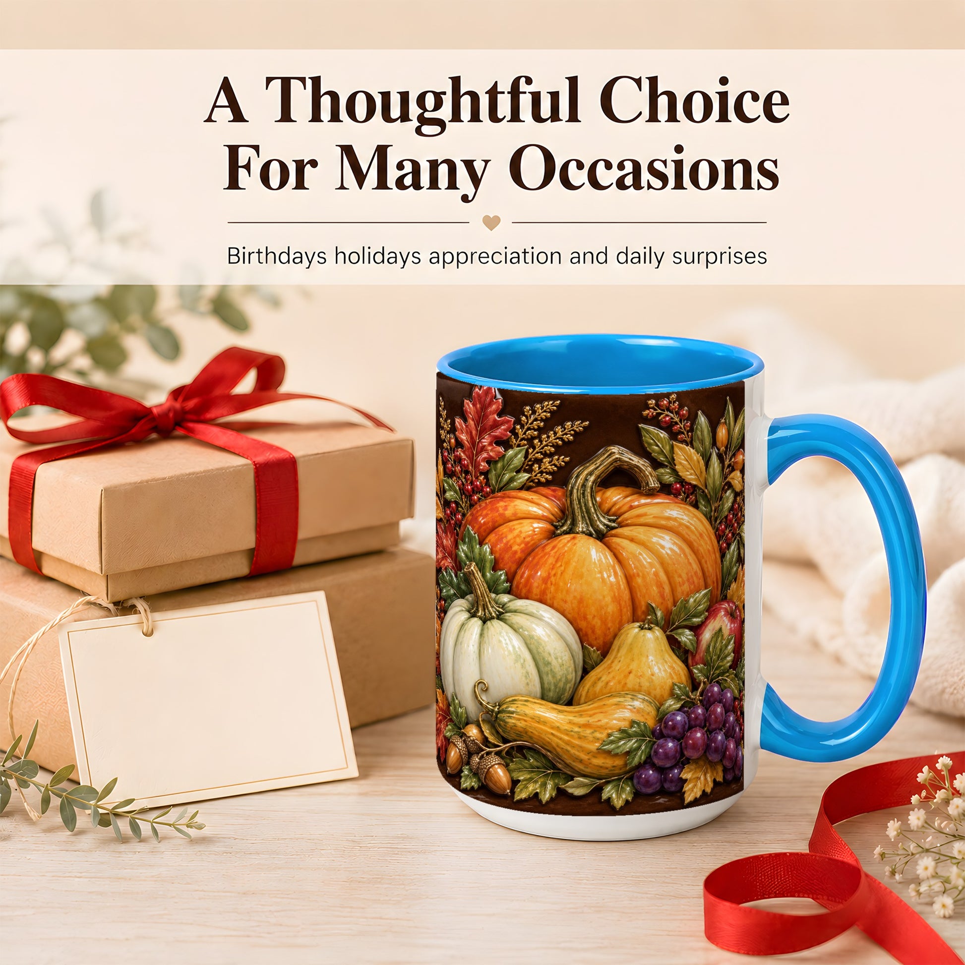 #pl[15oz|Blue] Glossy Fall Harvest Coffee Mug, Pumpkin Foliage Mug, Ceramic Cup