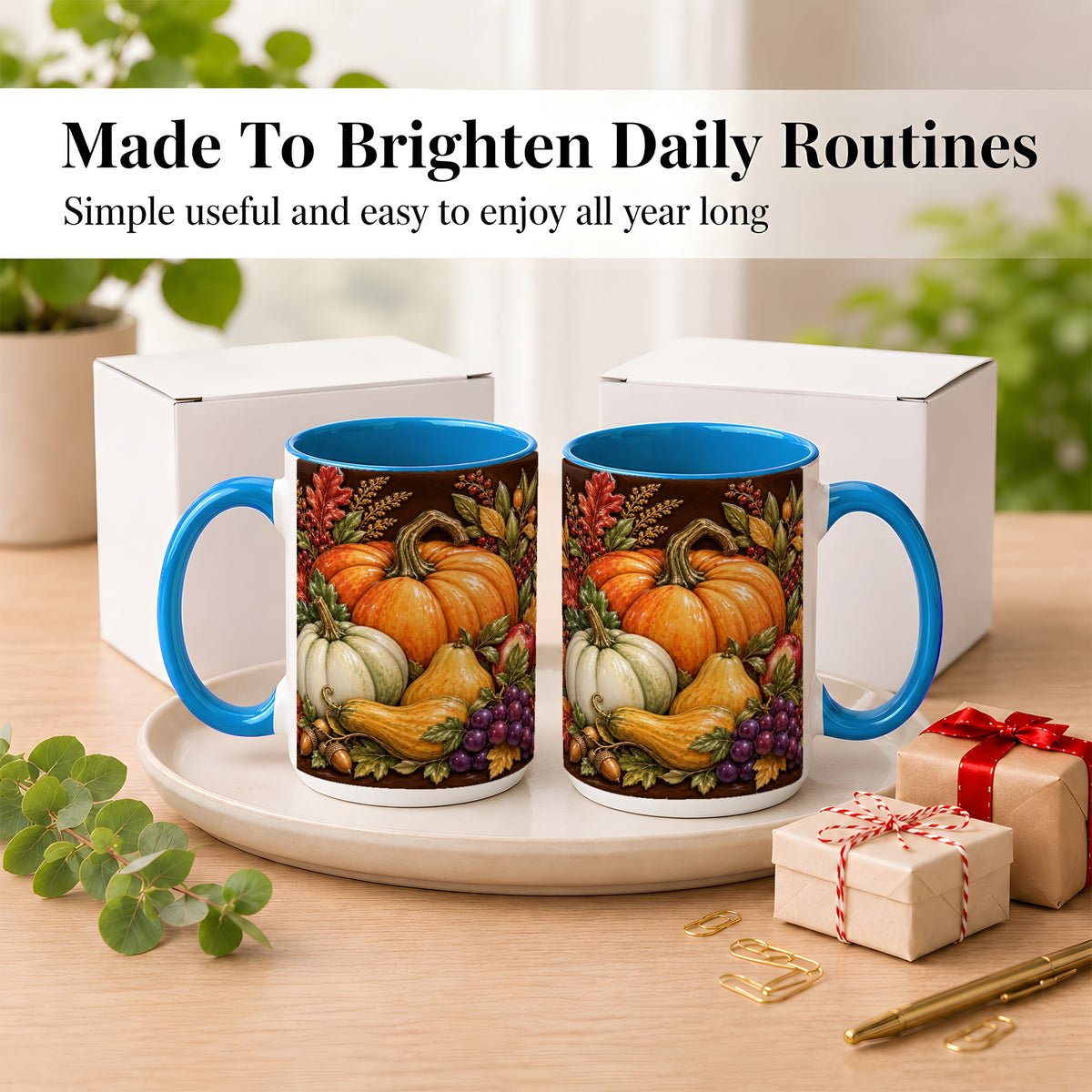 #pl[15oz|Blue] Glossy Fall Harvest Coffee Mug, Pumpkin Foliage Mug, Ceramic Cup