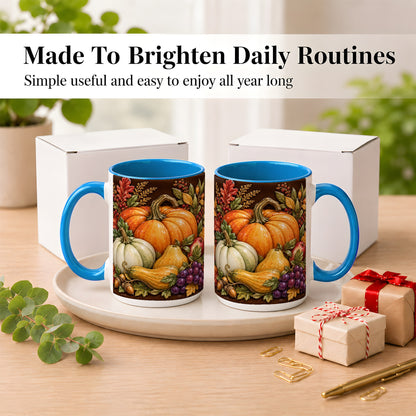 #pl[15oz|Blue] Glossy Fall Harvest Coffee Mug, Pumpkin Foliage Mug, Ceramic Cup