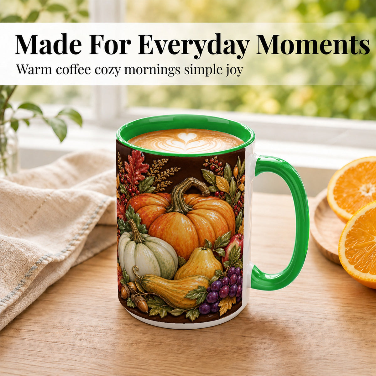 #pl[15oz|Green] Glossy Fall Harvest Coffee Mug, Pumpkin Foliage Mug, Ceramic Cup