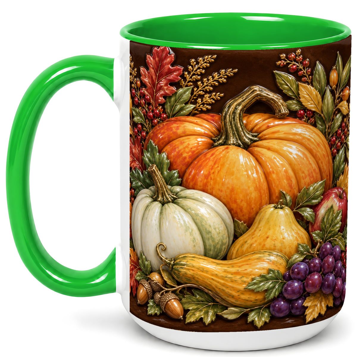 #pl[15oz|Green] Glossy Fall Harvest Coffee Mug, Pumpkin Foliage Mug, Ceramic Cup