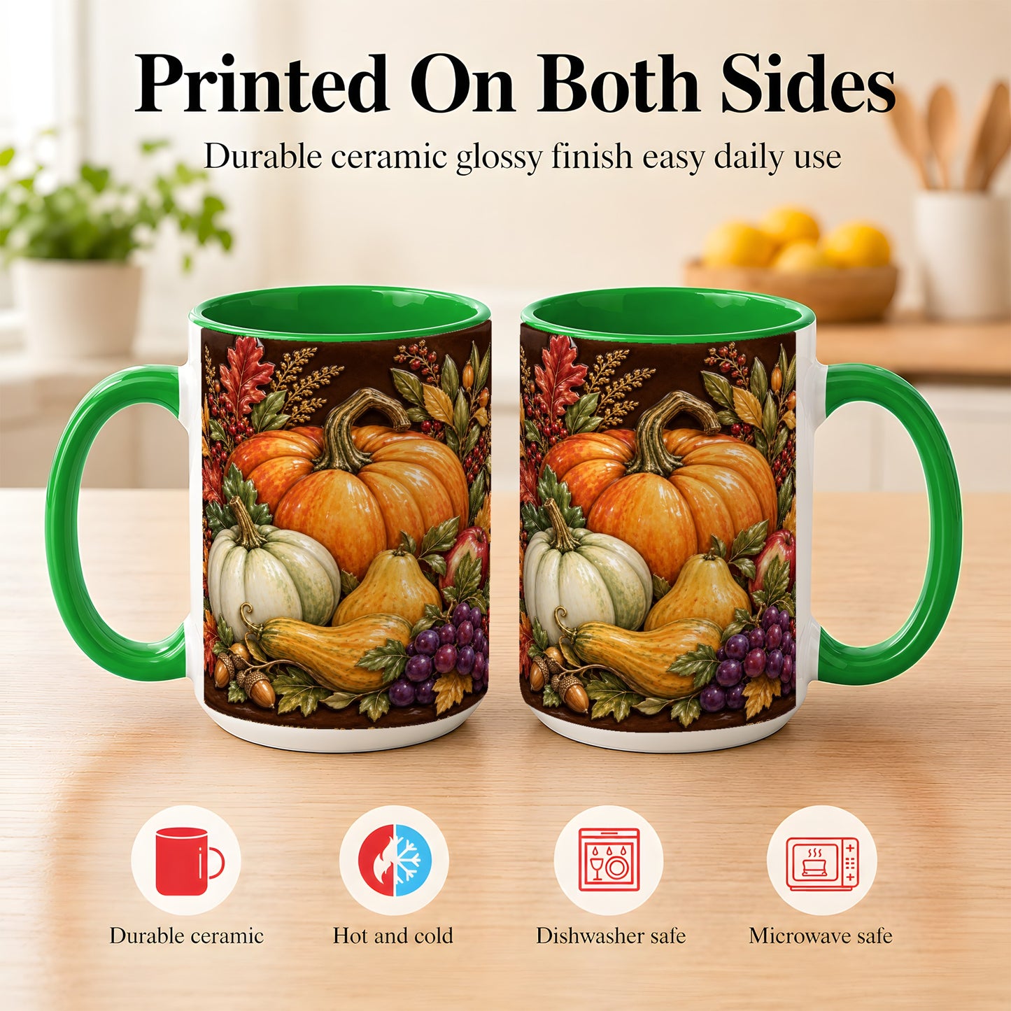 #pl[15oz|Green] Glossy Fall Harvest Coffee Mug, Pumpkin Foliage Mug, Ceramic Cup
