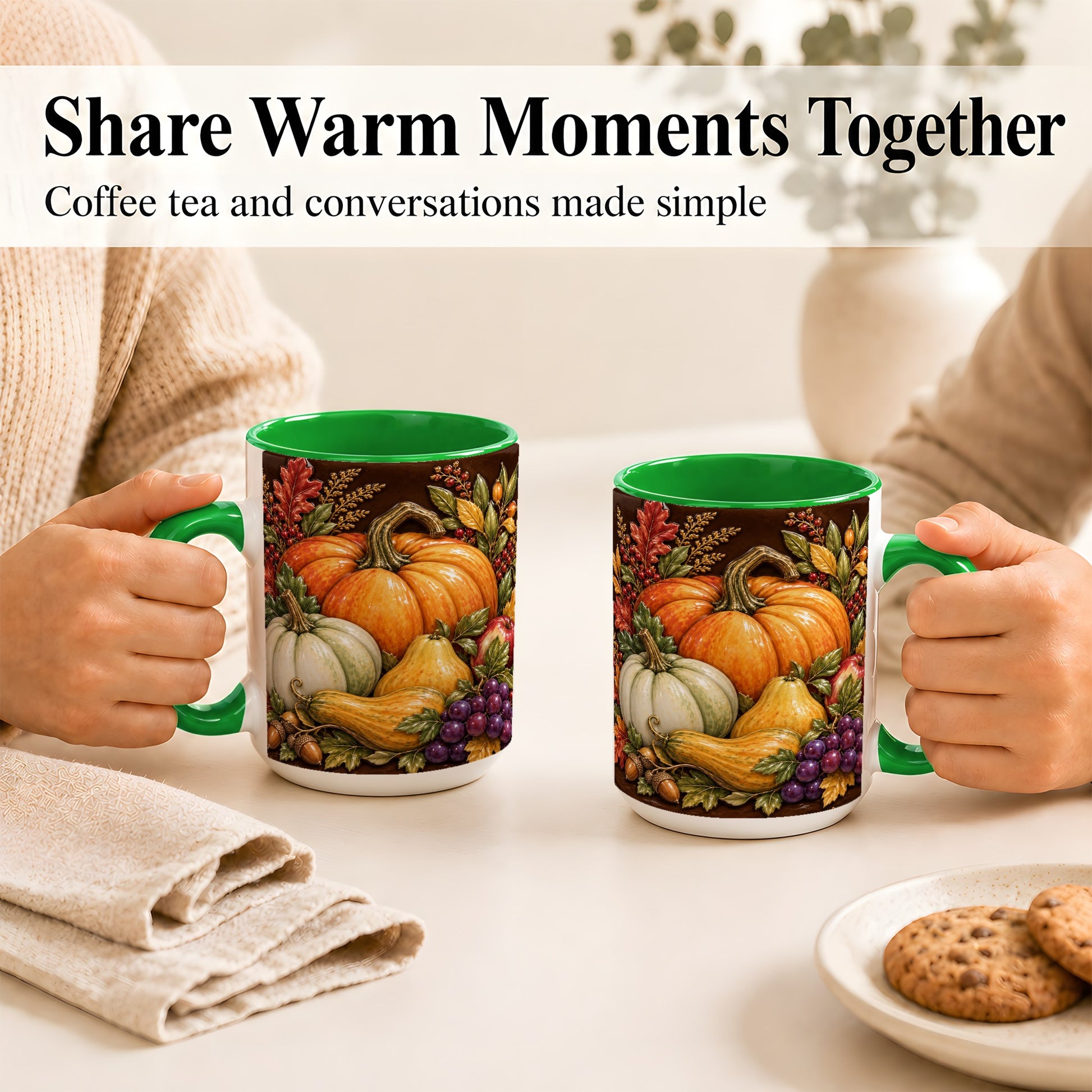 #pl[15oz|Green] Glossy Fall Harvest Coffee Mug, Pumpkin Foliage Mug, Ceramic Cup