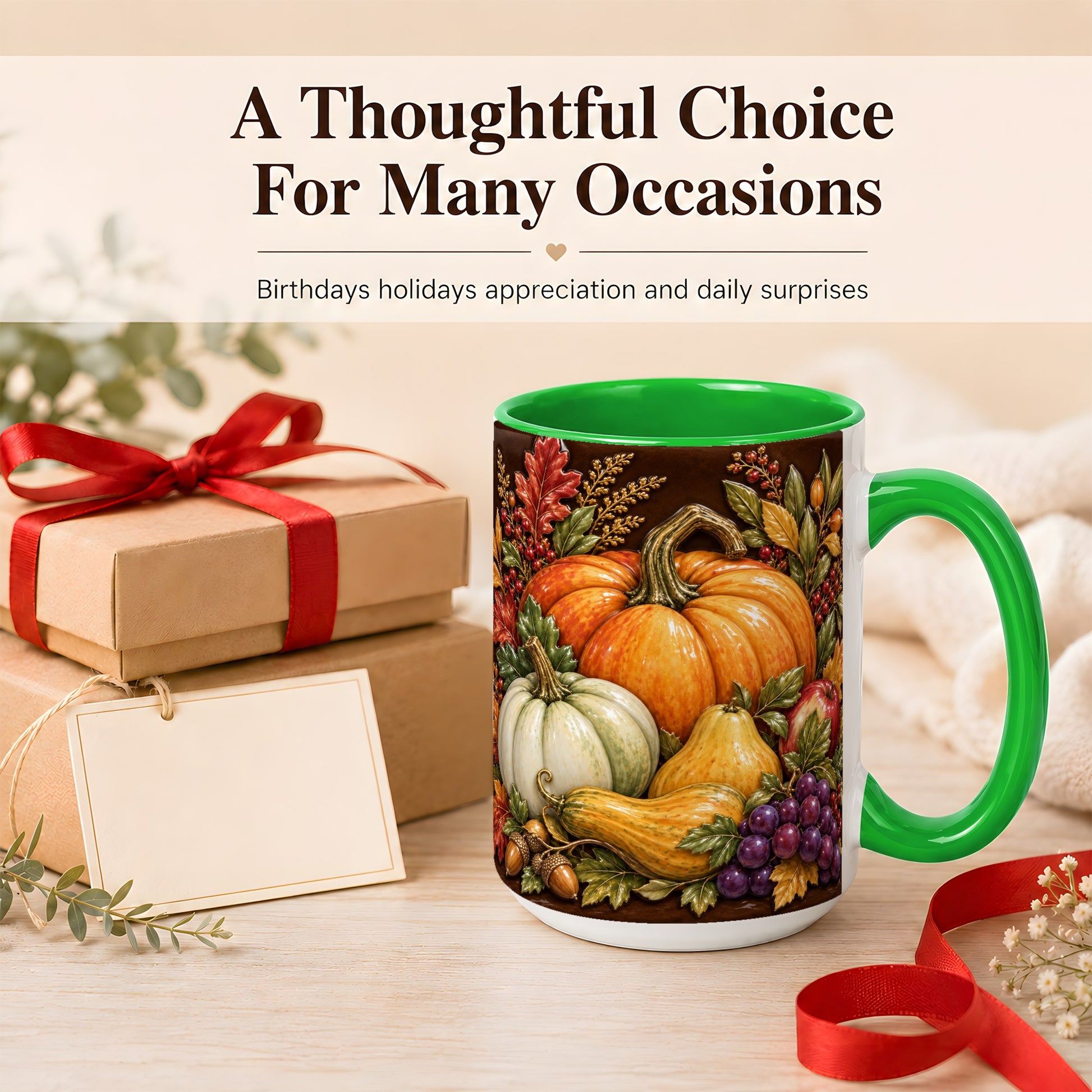 #pl[15oz|Green] Glossy Fall Harvest Coffee Mug, Pumpkin Foliage Mug, Ceramic Cup