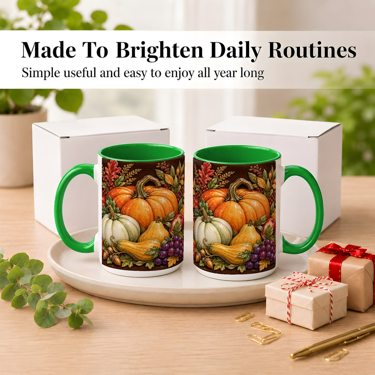 #pl[15oz|Green] Glossy Fall Harvest Coffee Mug, Pumpkin Foliage Mug, Ceramic Cup