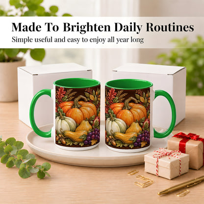 #pl[15oz|Green] Glossy Fall Harvest Coffee Mug, Pumpkin Foliage Mug, Ceramic Cup