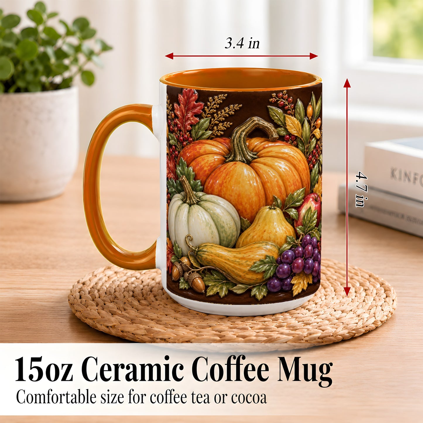 #pl[15oz|Orange] Glossy Fall Harvest Coffee Mug, Pumpkin Foliage Mug, Ceramic Cup