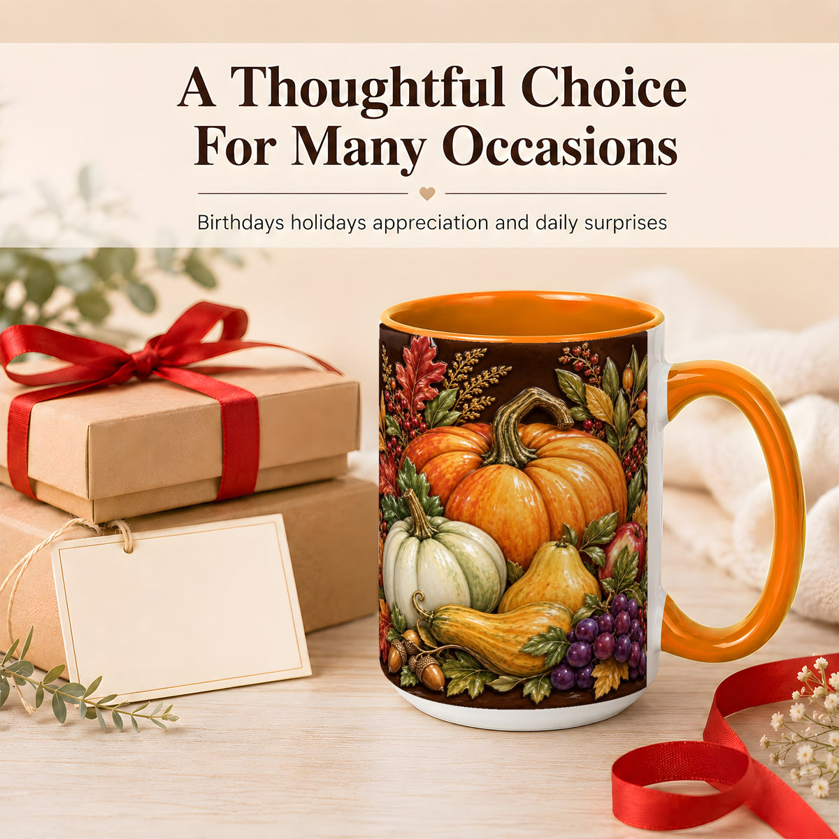 #pl[15oz|Orange] Glossy Fall Harvest Coffee Mug, Pumpkin Foliage Mug, Ceramic Cup