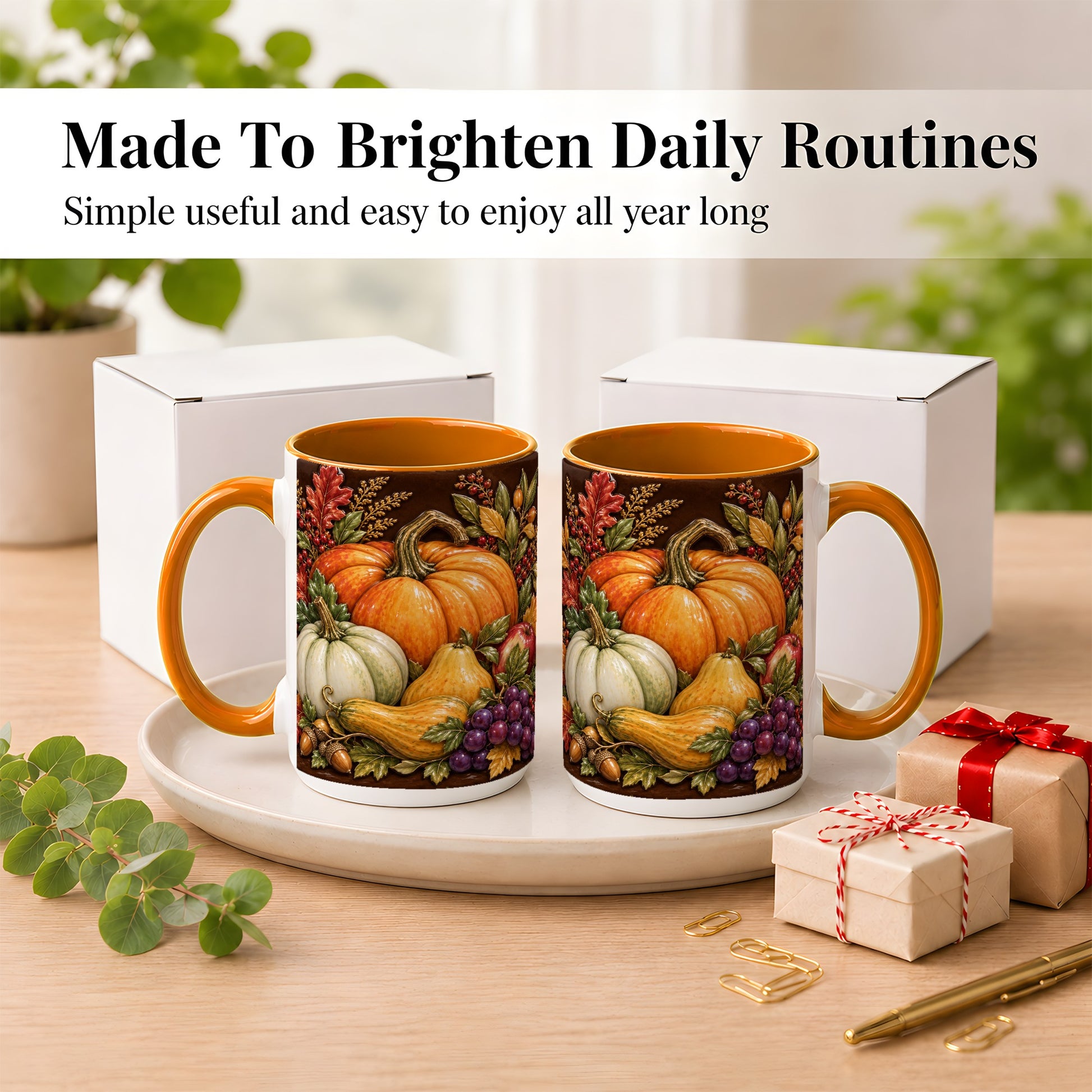 #pl[15oz|Orange] Glossy Fall Harvest Coffee Mug, Pumpkin Foliage Mug, Ceramic Cup