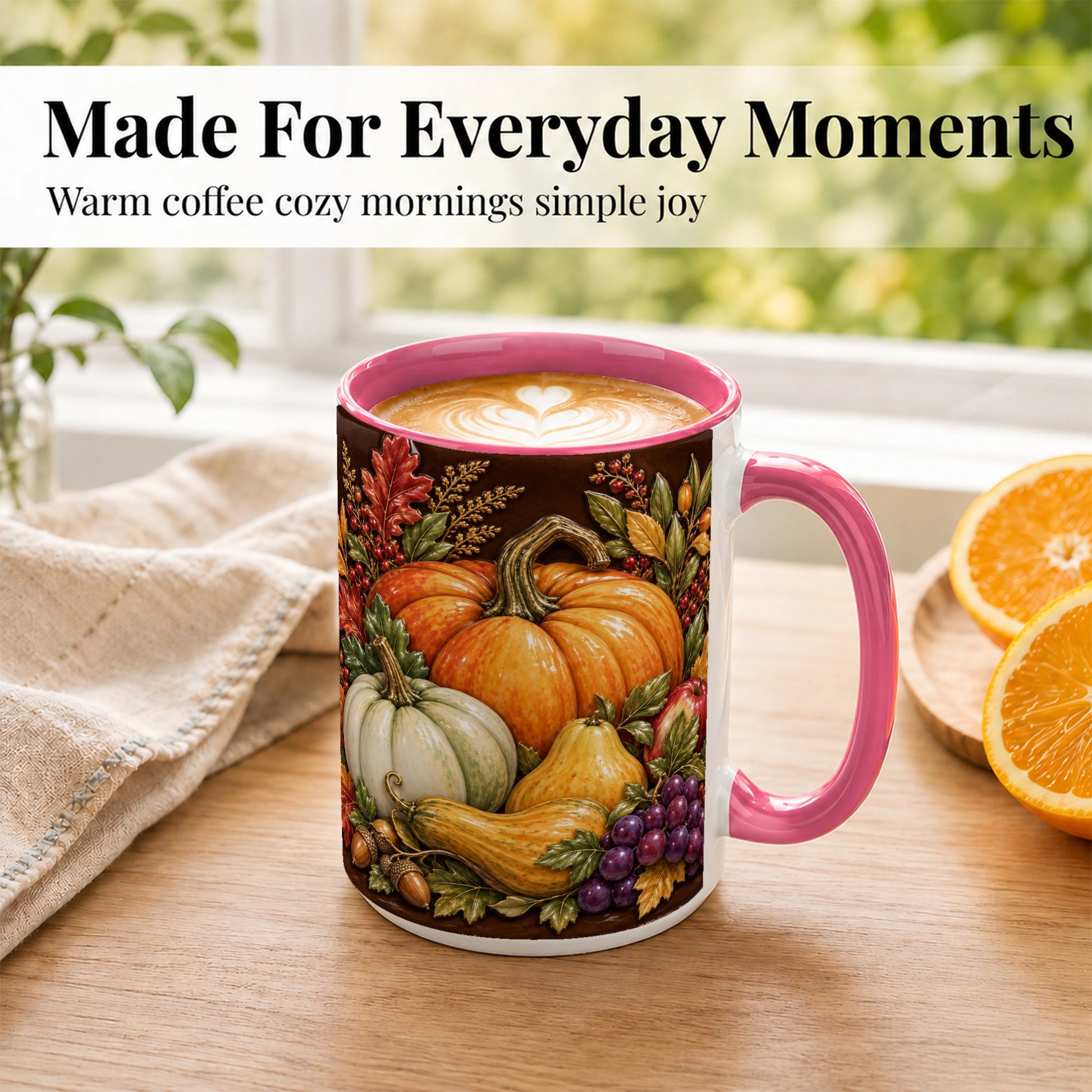 #pl[15oz|Pink] Glossy Fall Harvest Coffee Mug, Pumpkin Foliage Mug, Ceramic Cup