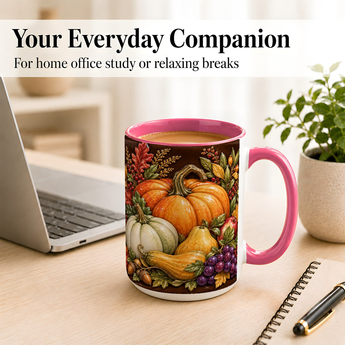 #pl[15oz|Pink] Glossy Fall Harvest Coffee Mug, Pumpkin Foliage Mug, Ceramic Cup