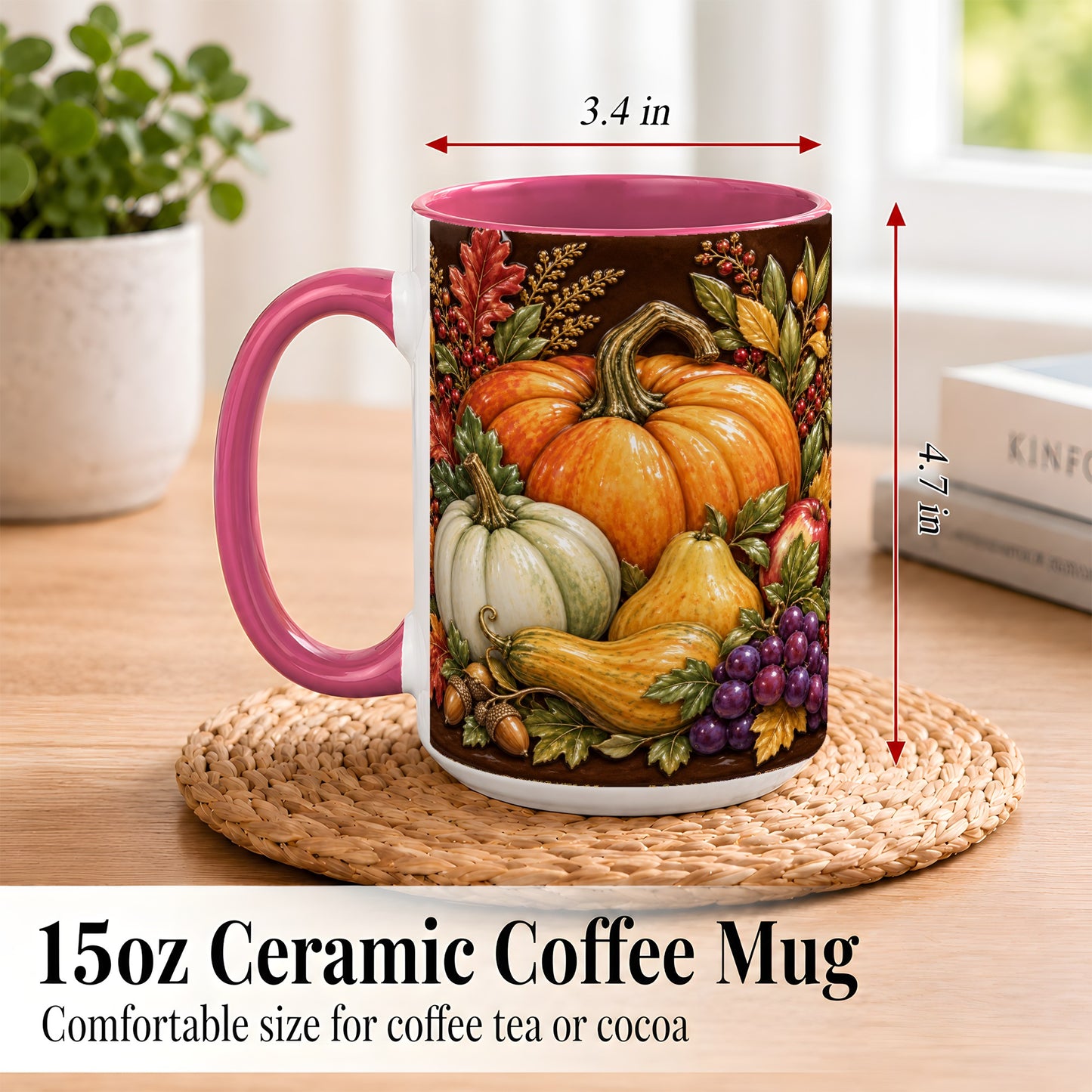 #pl[15oz|Pink] Glossy Fall Harvest Coffee Mug, Pumpkin Foliage Mug, Ceramic Cup