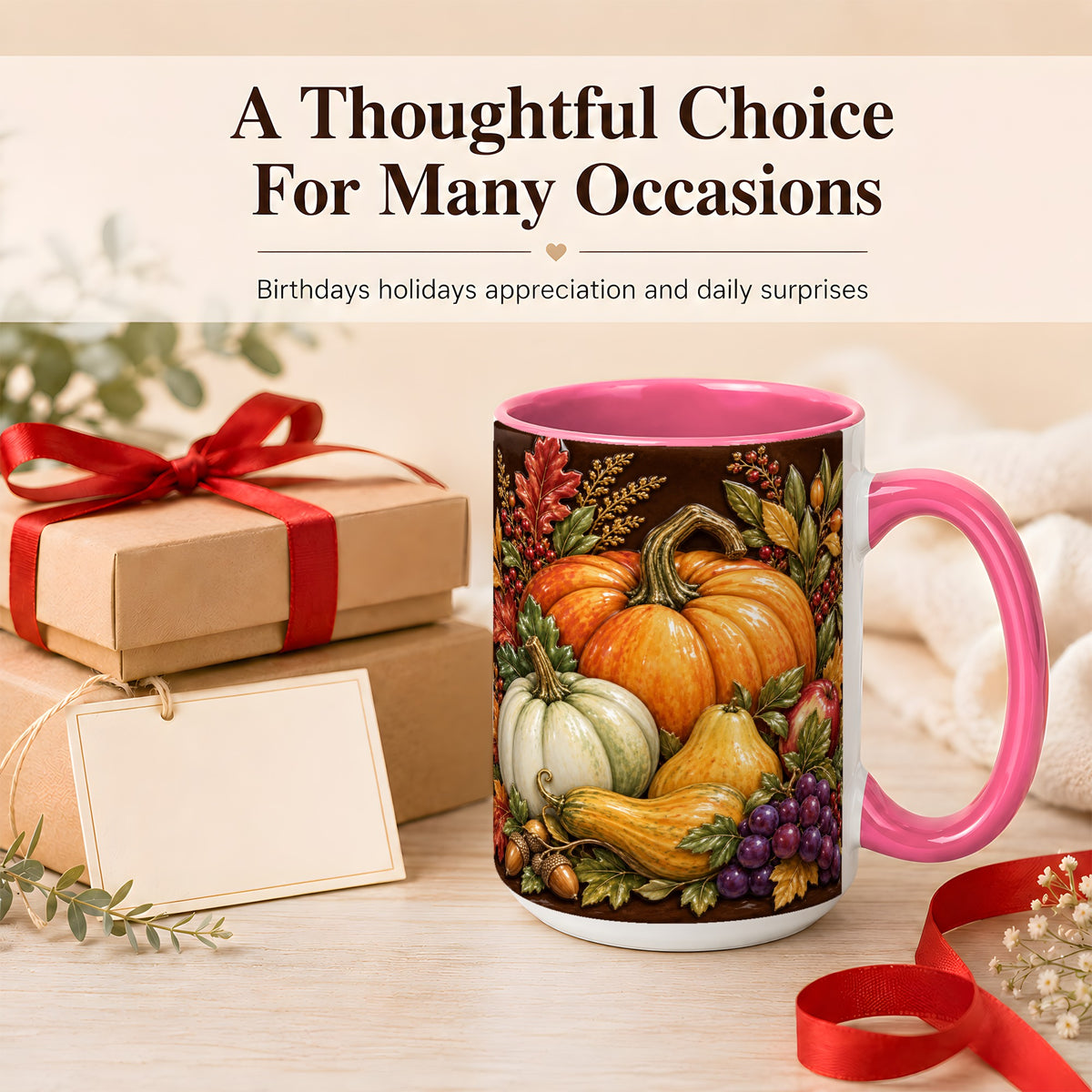#pl[15oz|Pink] Glossy Fall Harvest Coffee Mug, Pumpkin Foliage Mug, Ceramic Cup