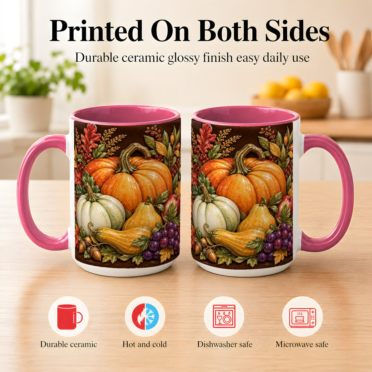 #pl[15oz|Pink] Glossy Fall Harvest Coffee Mug, Pumpkin Foliage Mug, Ceramic Cup