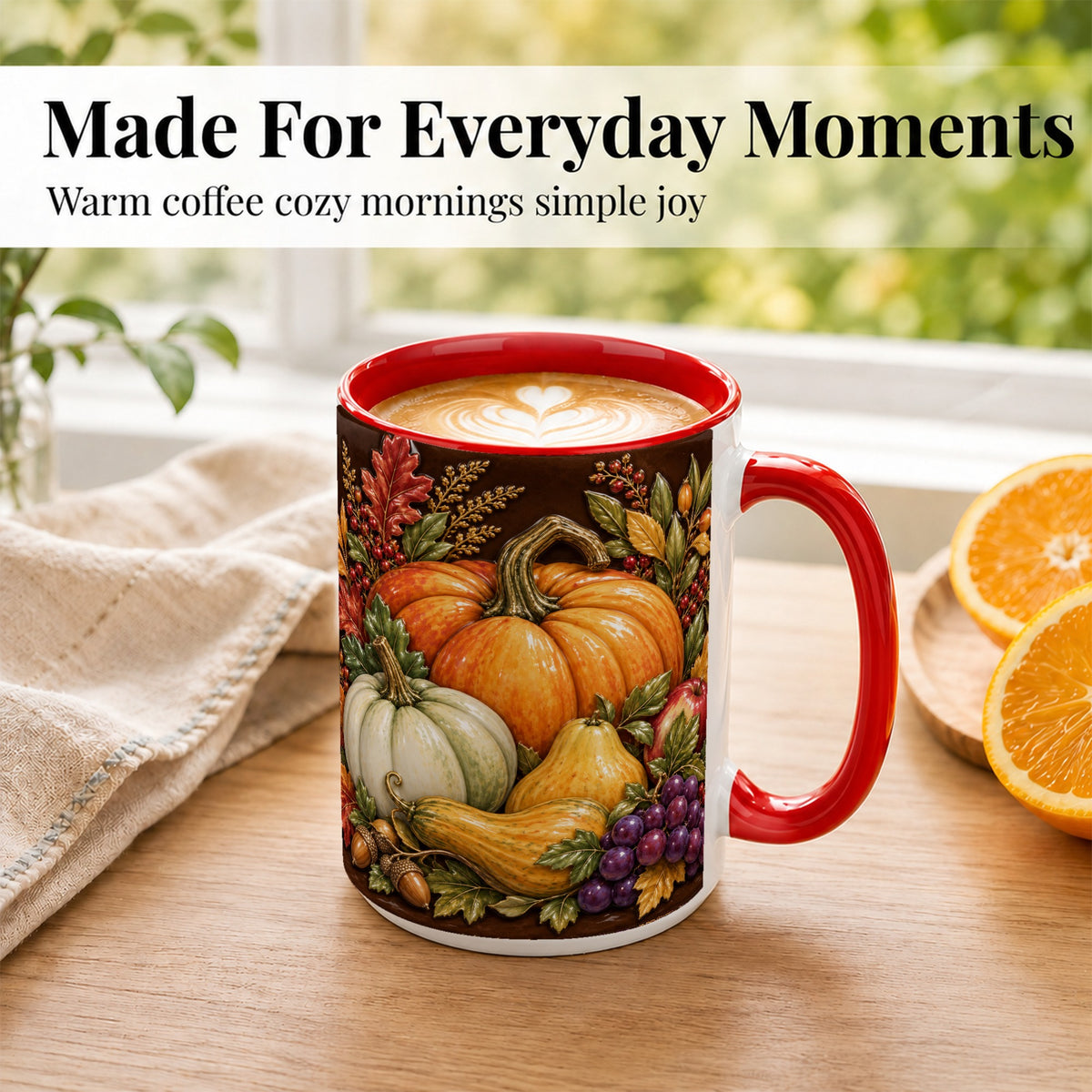 #pl[15oz|Red] Glossy Fall Harvest Coffee Mug, Pumpkin Foliage Mug, Ceramic Cup