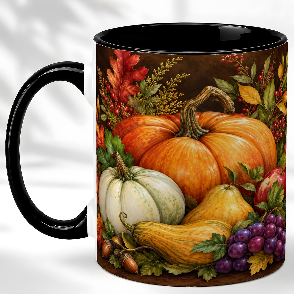 #pl[11oz|Black] Rustic Autumn Harvest Coffee Mug, Pumpkin Foliage Mug, Ceramic Cup
