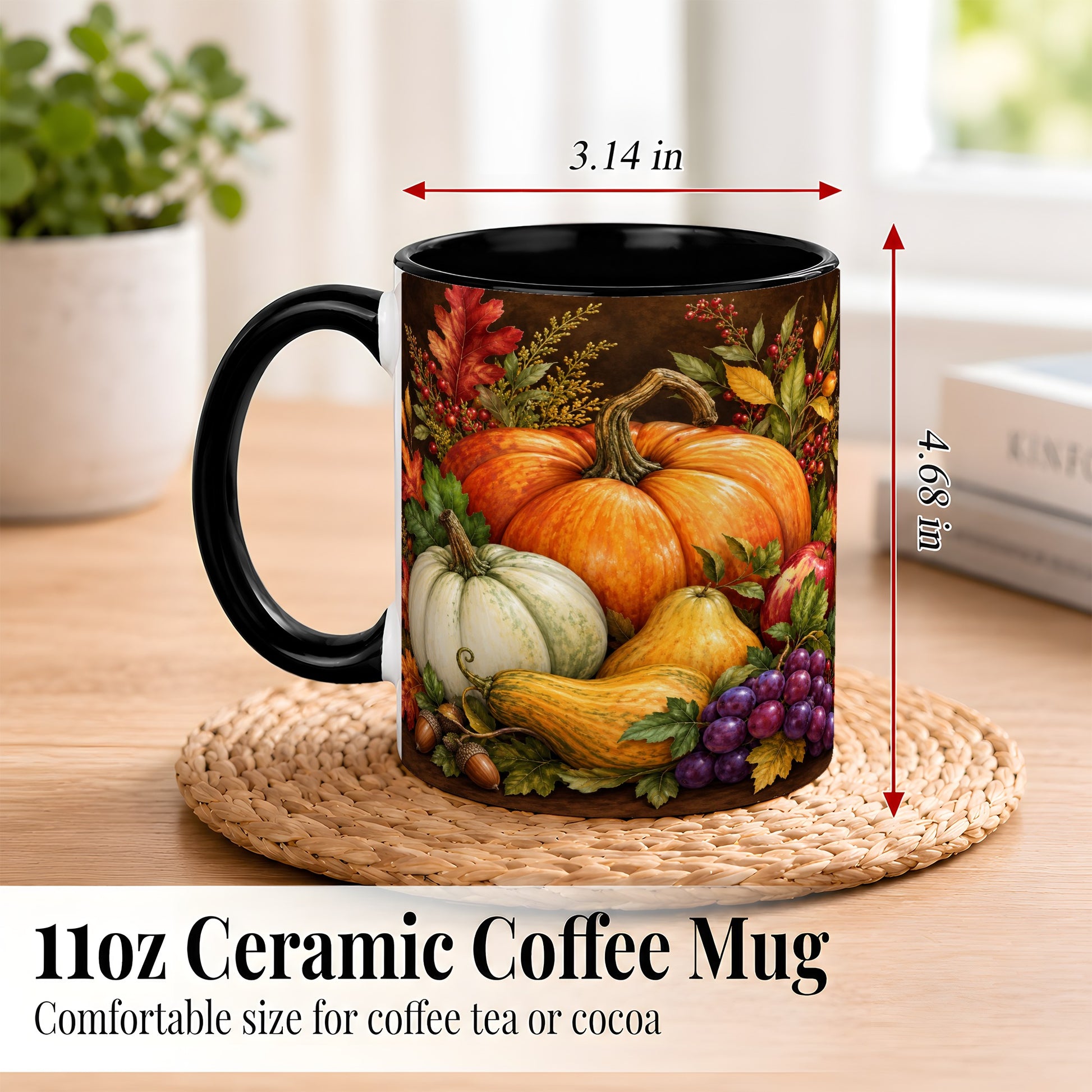 #pl[11oz|Black] Rustic Autumn Harvest Coffee Mug, Pumpkin Foliage Mug, Ceramic Cup