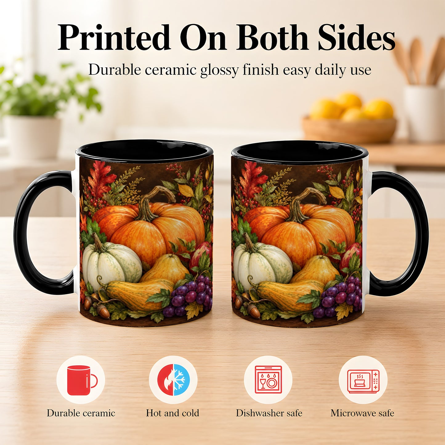 #pl[11oz|Black] Rustic Autumn Harvest Coffee Mug, Pumpkin Foliage Mug, Ceramic Cup
