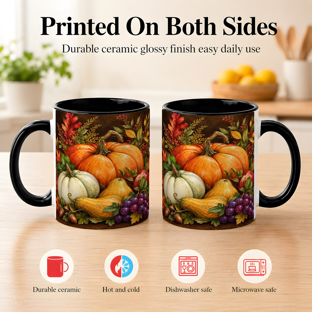 #pl[11oz|Black] Rustic Autumn Harvest Coffee Mug, Pumpkin Foliage Mug, Ceramic Cup