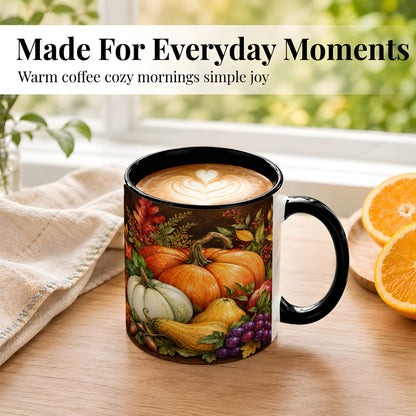 #pl[11oz|Black] Rustic Autumn Harvest Coffee Mug, Pumpkin Foliage Mug, Ceramic Cup