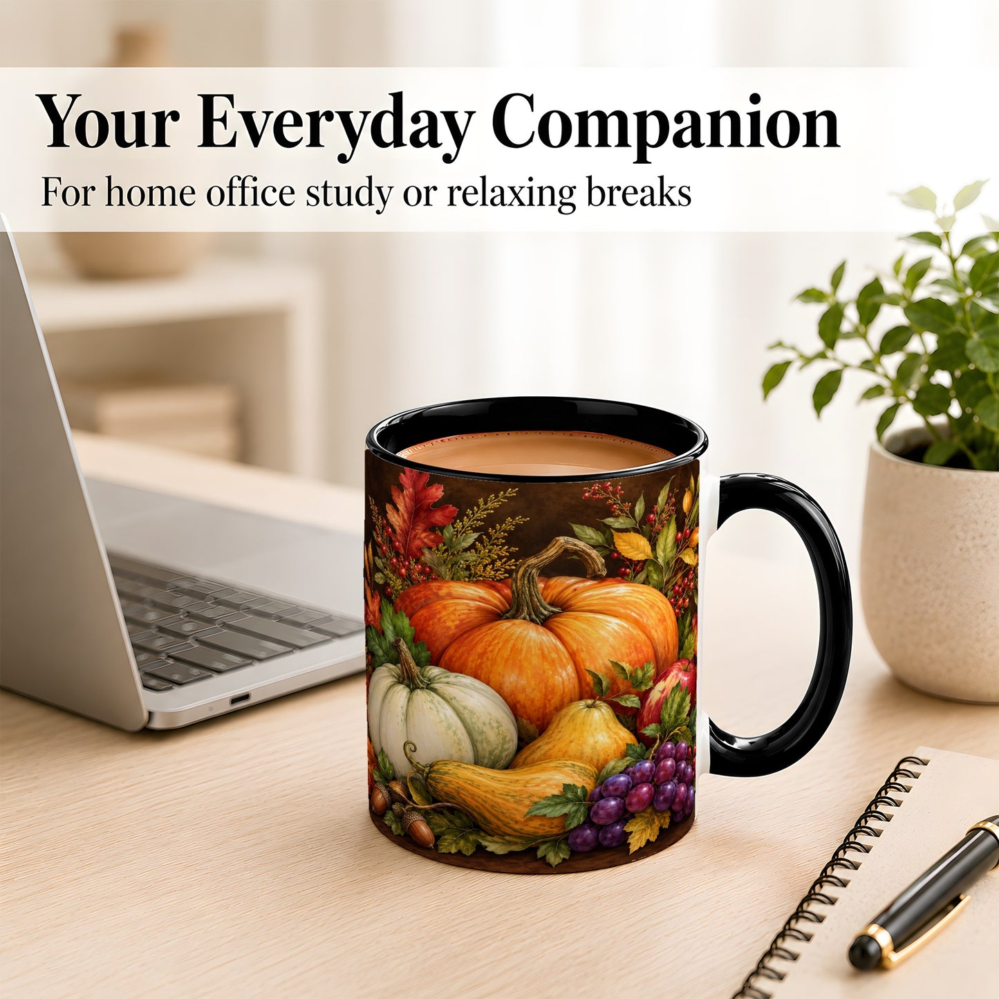 #pl[11oz|Black] Rustic Autumn Harvest Coffee Mug, Pumpkin Foliage Mug, Ceramic Cup