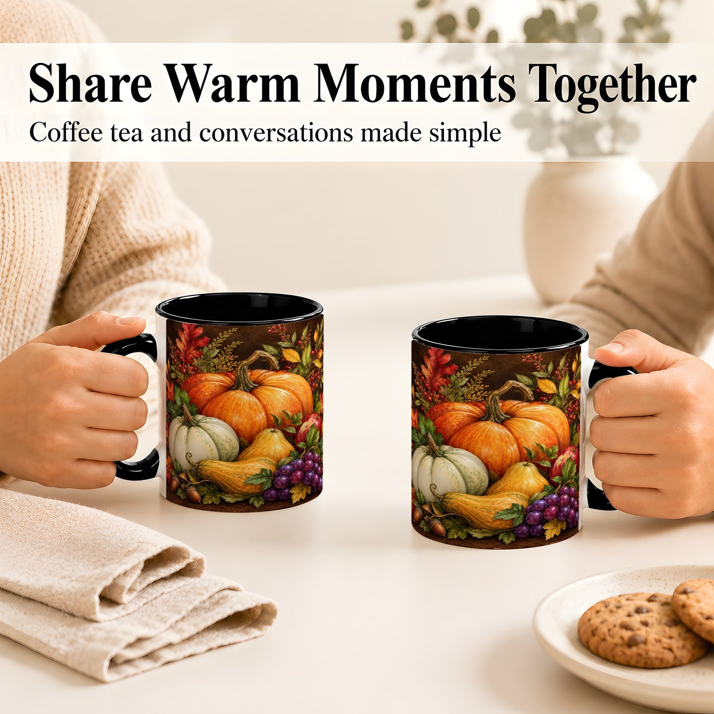 #pl[11oz|Black] Rustic Autumn Harvest Coffee Mug, Pumpkin Foliage Mug, Ceramic Cup