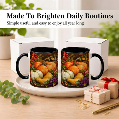 #pl[11oz|Black] Rustic Autumn Harvest Coffee Mug, Pumpkin Foliage Mug, Ceramic Cup