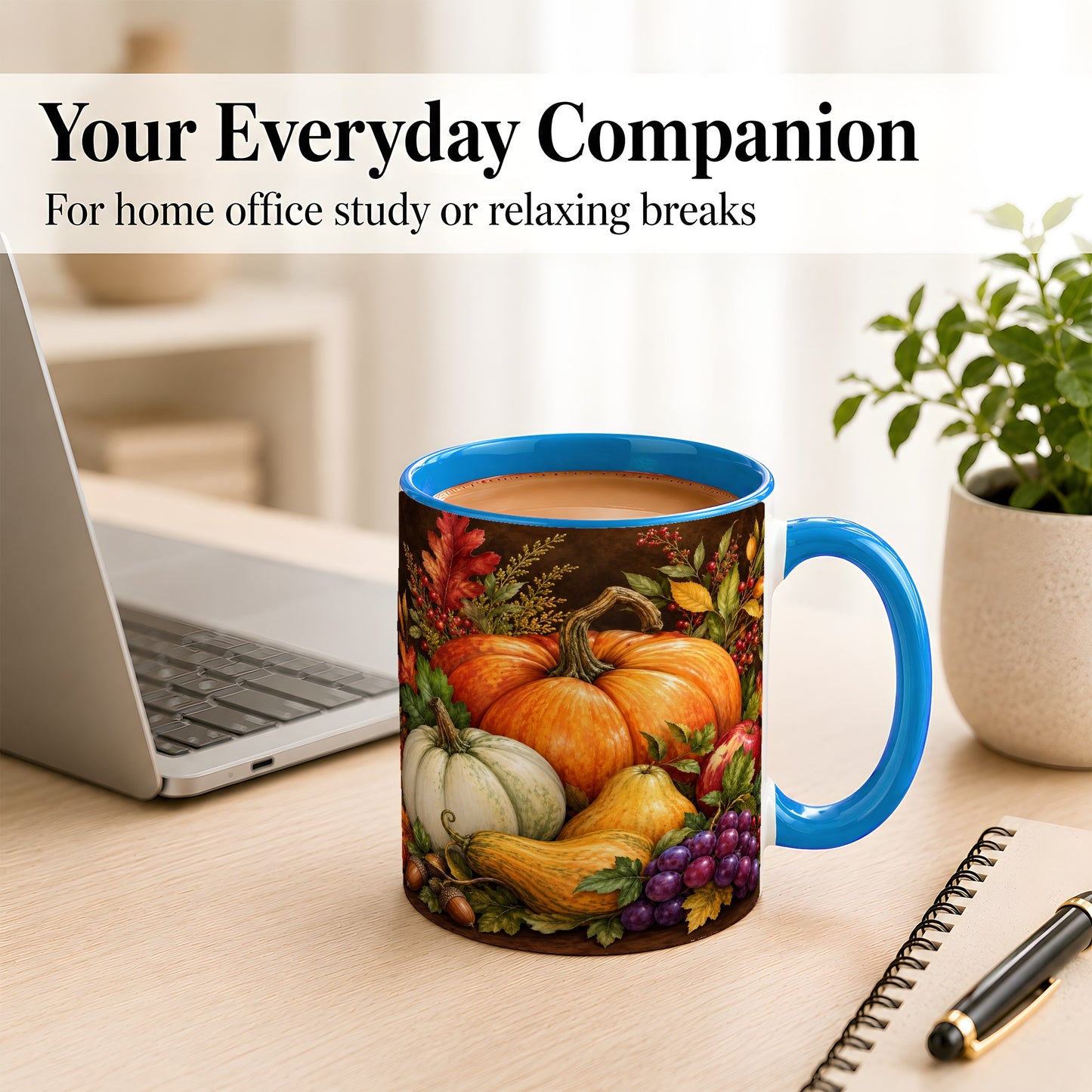 #pl[11oz|Blue] Rustic Autumn Harvest Coffee Mug, Pumpkin Foliage Mug, Ceramic Cup
